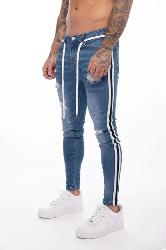 Men's Slim Fit Ripped Skinny Denim Jeans with Side Stripe  