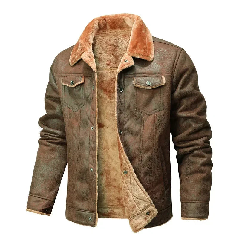 Men's Faux Suede Leather Jacket with Faux Fur Collar