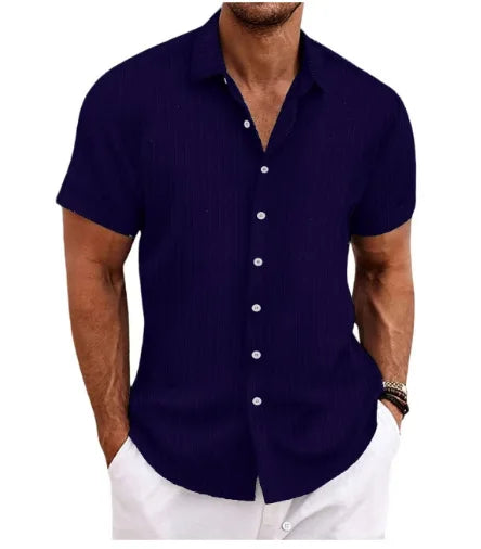 Men's Short-Sleeved Button-Up Shirt with Jacquard Wave Stripe Design