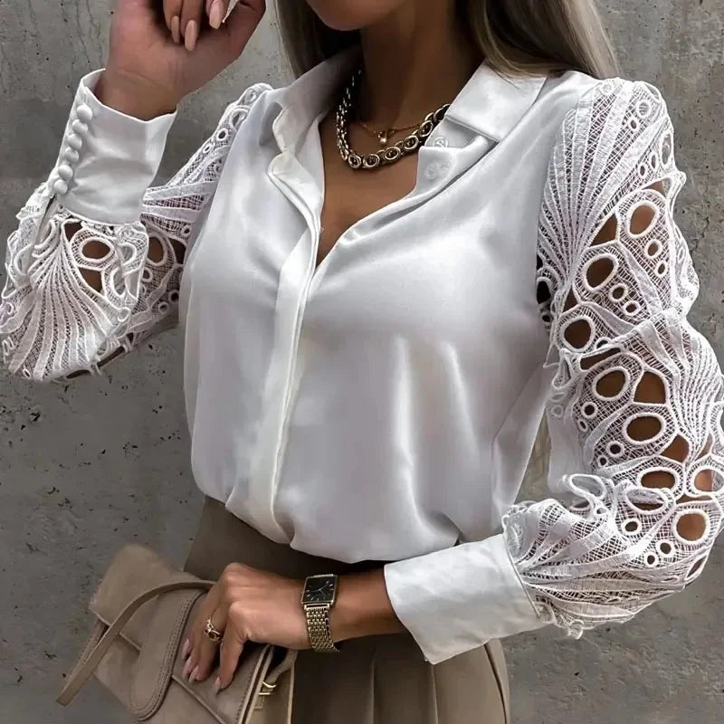 Lace Hollow Out Blouse for Women - Vintage Long Sleeve Button-Up Top