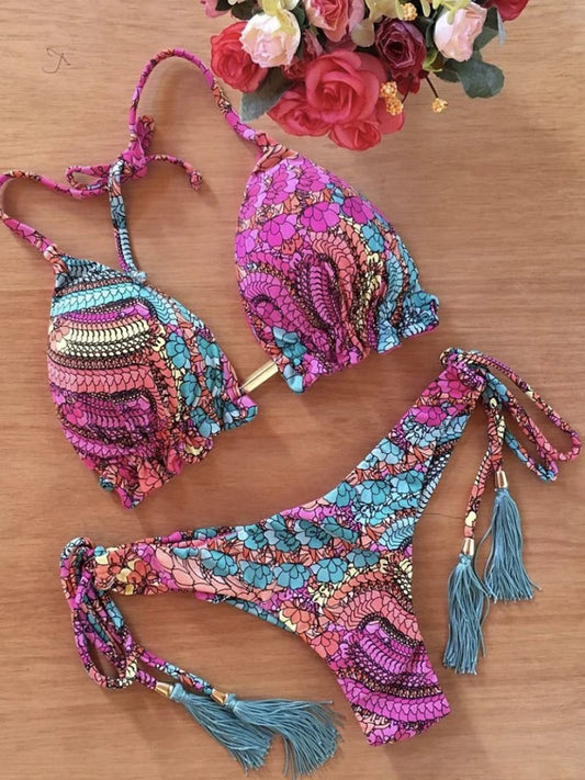 Floral Print Push-Up String Bikini Set for Women