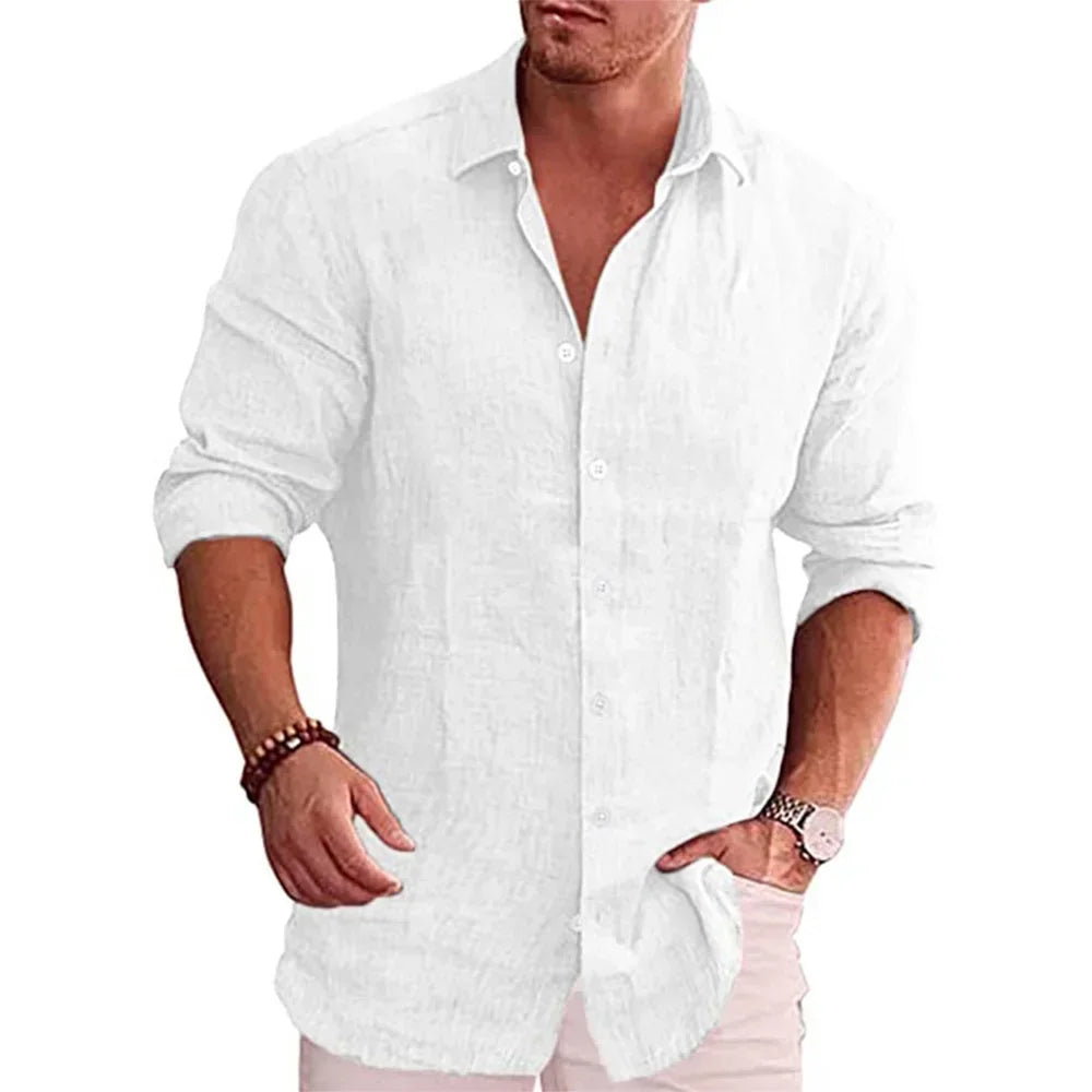 Men's Casual Long-Sleeved Stand-Up Collar Cotton Linen Shirt