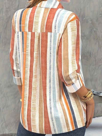 Women's Plus Stripe Print Button Up Long Sleeve Shirt