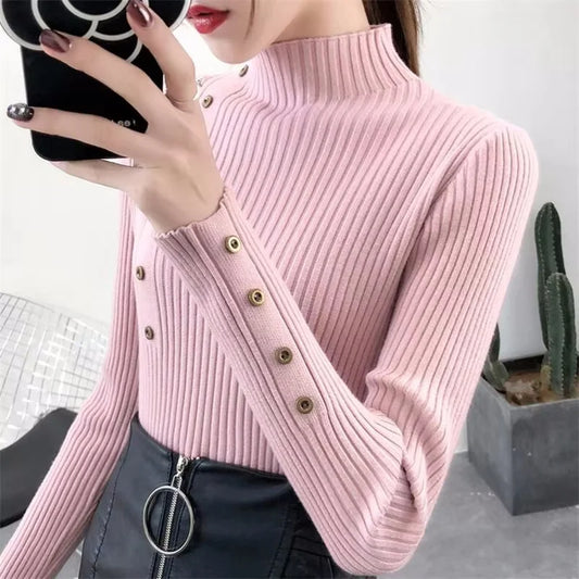 Womens Long Sleeve Turtleneck Button-Up Knitted Sweater