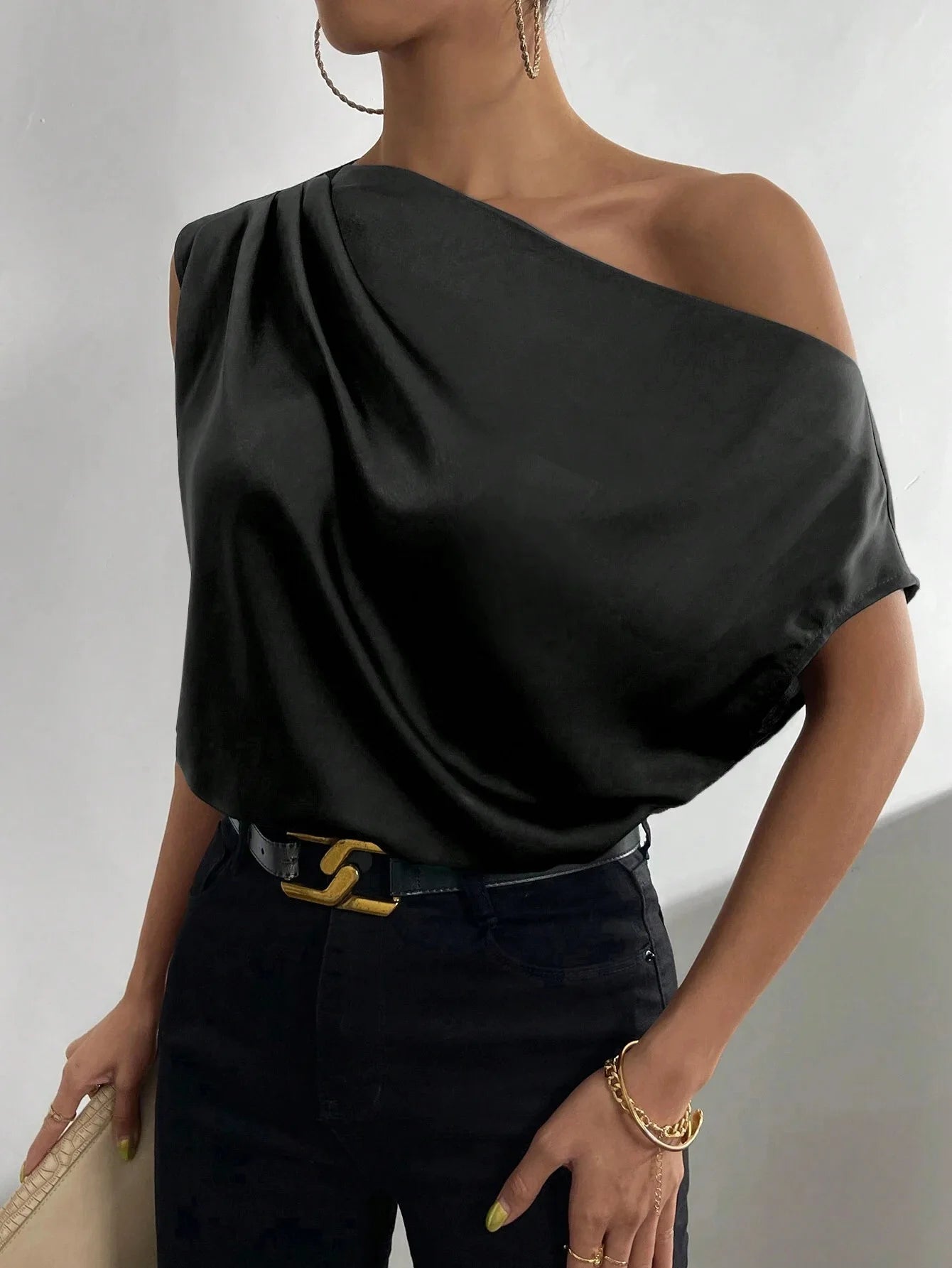 Asymmetric Slant Neck Blouse - Folded Single Shoulder Detail