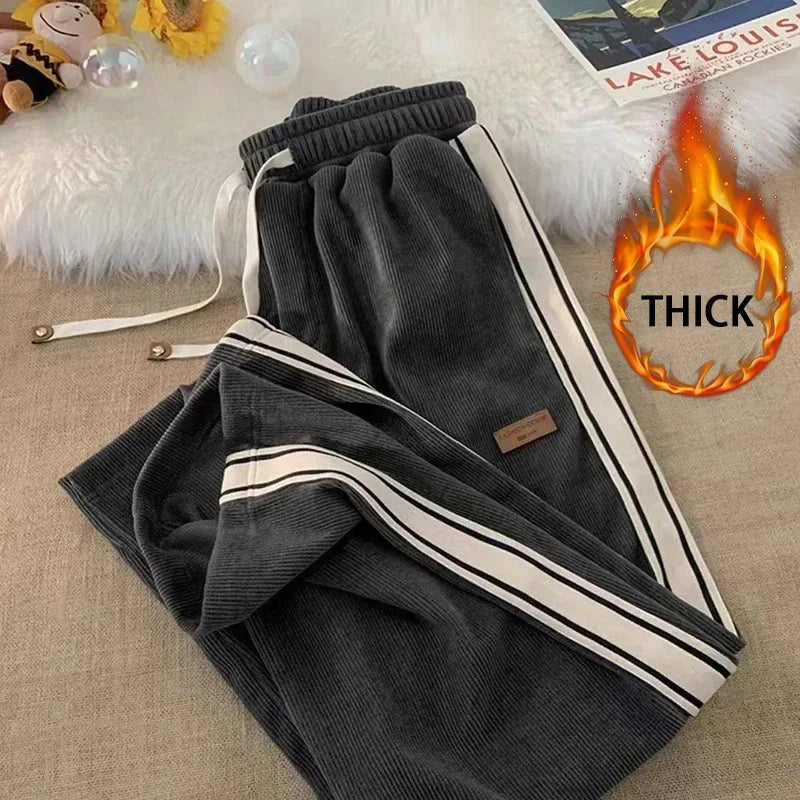 All Striped Women's Corduroy Joggers - Thick High Waist Drawstring Wide Leg Fit