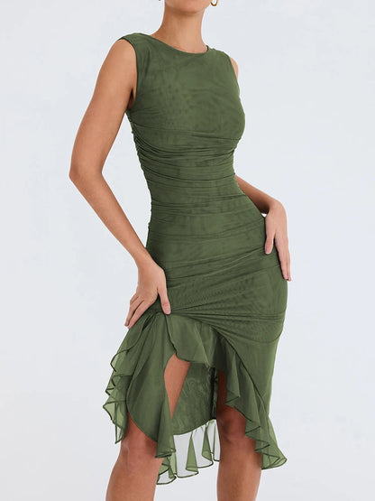 Backless Sleeveless Midi Dress with Elegant Ruffle and Ruched Design for Women