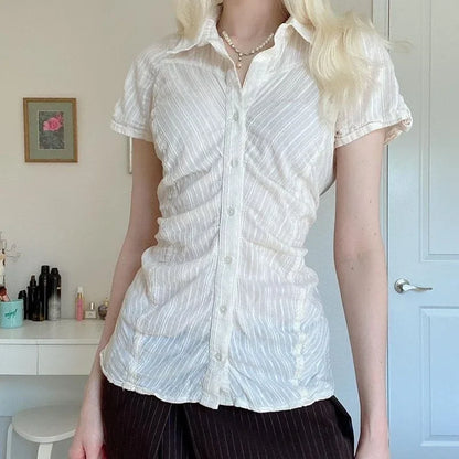 Chic Elegant Striped Button-Up Blouse for Women with Turn-Down Collar