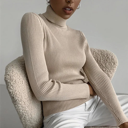 Ribbed Neck Sweater for Women - Fitted Knitted Pullovers