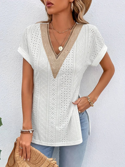 Women's V-Neck Blouse with Gold Circle Accent