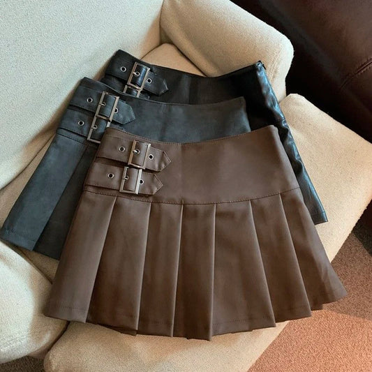 Vintage High Waist Faux Leather Pleated Mini Skirt for Women - Slim Fit