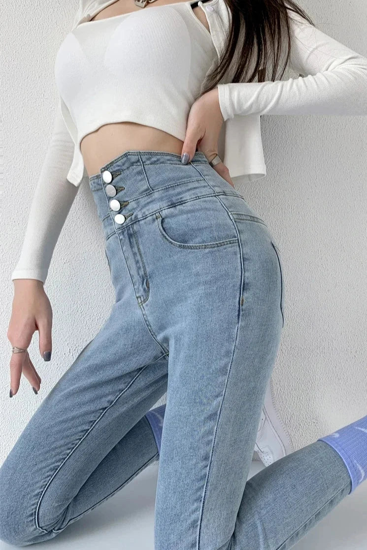 Vintage High-Waist Skinny Pencil Jeans with Four Buttons - Slim Stretch