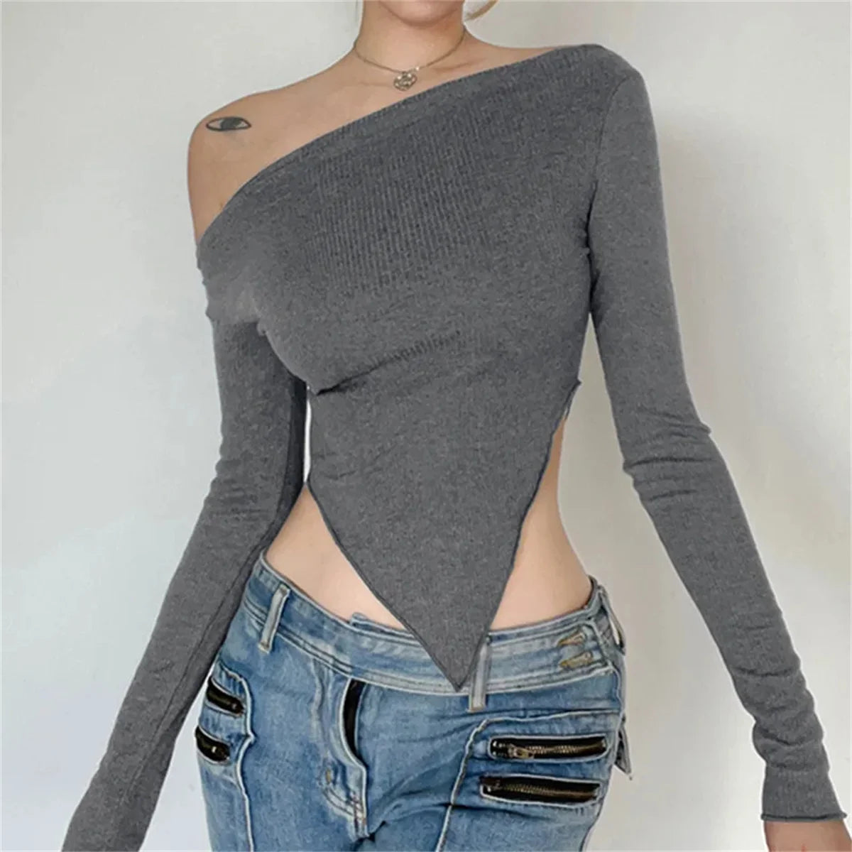 Women's Rib-Knit Long Sleeve Asymmetrical Top - Slim Fit