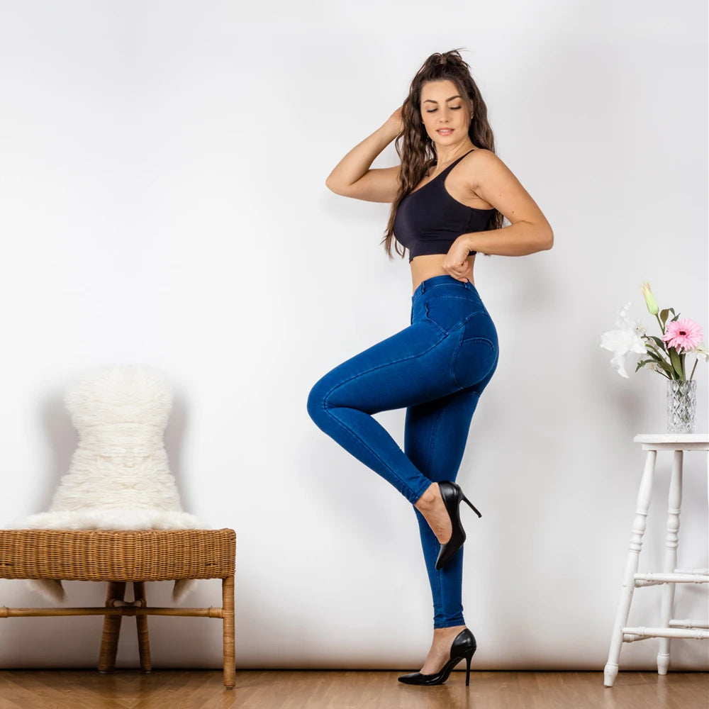 Mid Rise Super Stretch Straight Leg Jeans - in Dark Blue