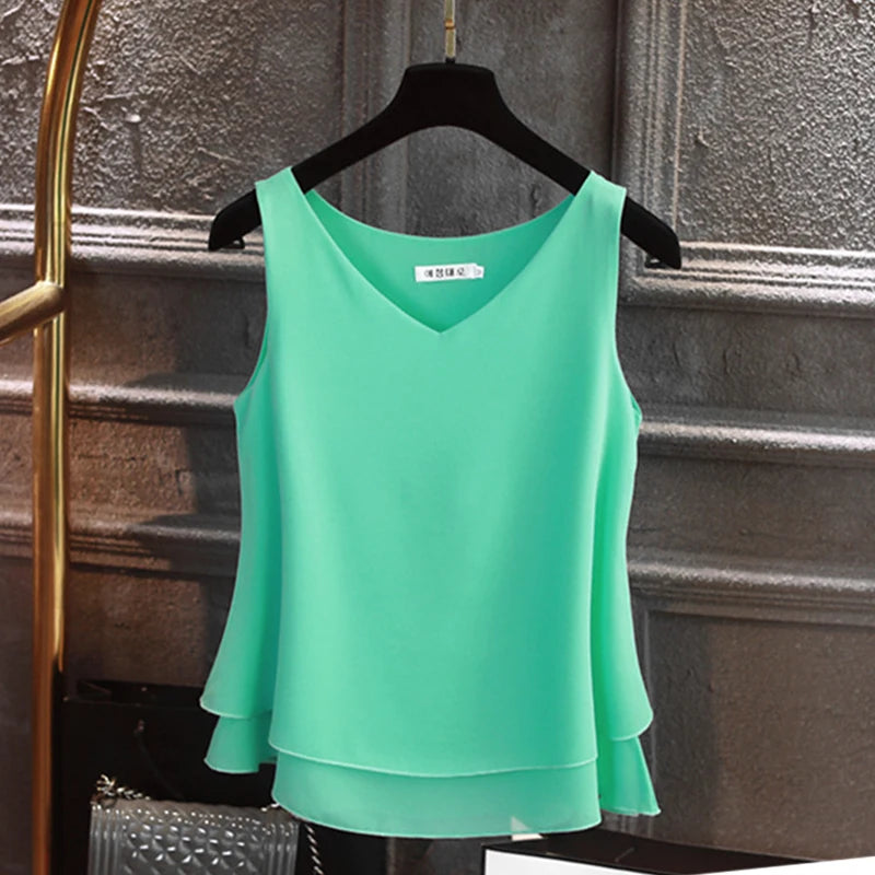 Sleeveless Chiffon V-Neck Blouse for Women - Various Colors