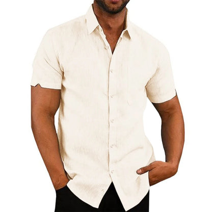 Casual Men's Short-Sleeved Cotton Linen Shirt with Turn-down Collar