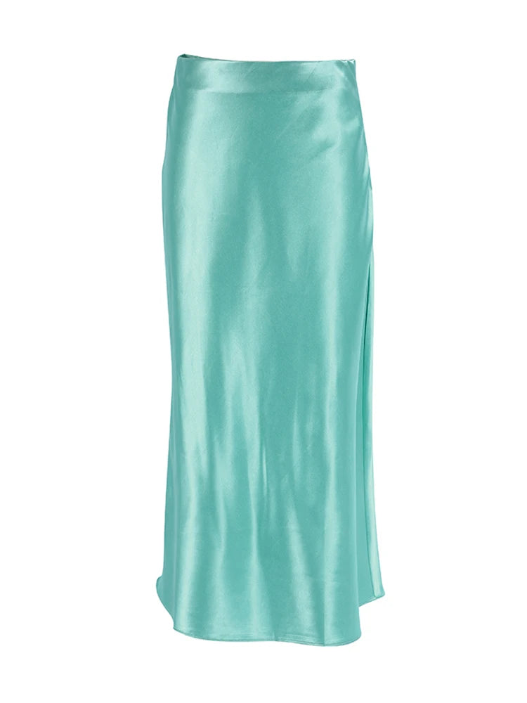 Elegant High-Waisted Long Faux Silk Skirt for Women - Various Colors