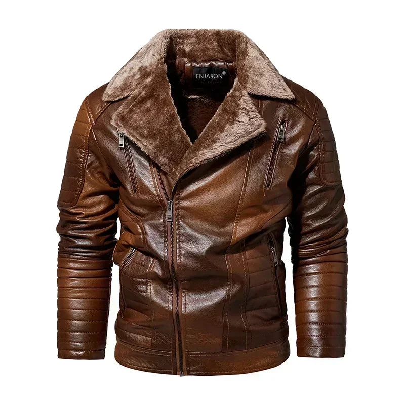 Men's Faux Leather Jacket with Fleece Fur Collar - Various Colors