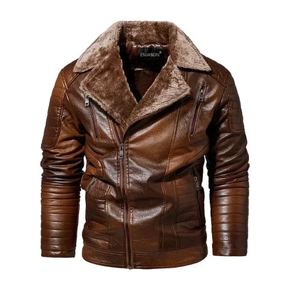 Men's Faux Leather Jacket with Fleece Fur Collar - Various Colors