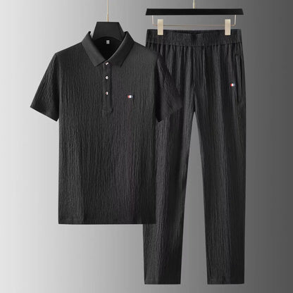 Men's Classic Casual Two-Piece Buttoned T-Shirt and Pants Set