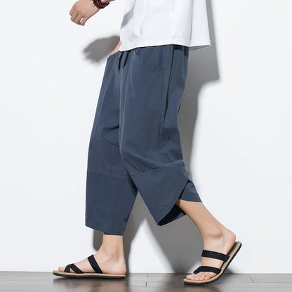 Men's Baggy Linen Cropped Trousers with Large Pockets - Oversized Loose Fit