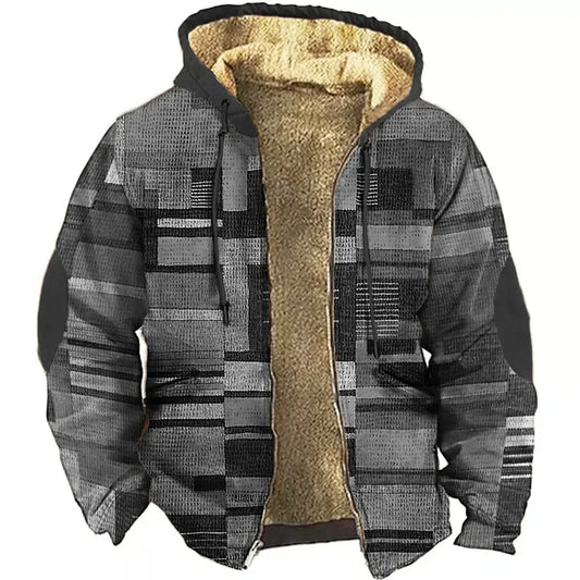 Men's Thickened Warm Jacket with Zipper and Pattern Print