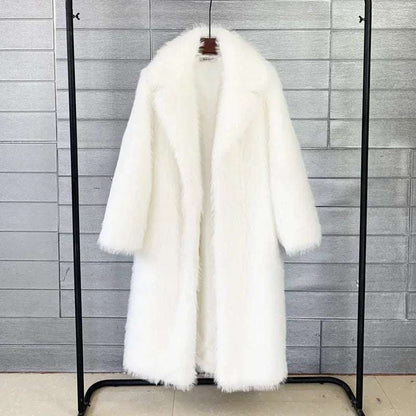 Warm Long Faux Fur Overcoat for Women with Turn Down Collar