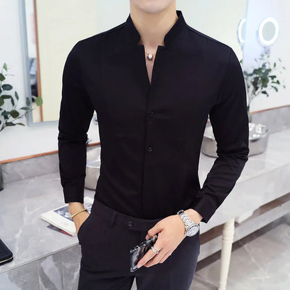 Slim Fit Long Sleeve Stand Collar Shirt for Men - Various Colors