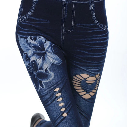 Women's High-Waisted Printed Skinny Denim Jeans - Ankle-Length Slim Fit