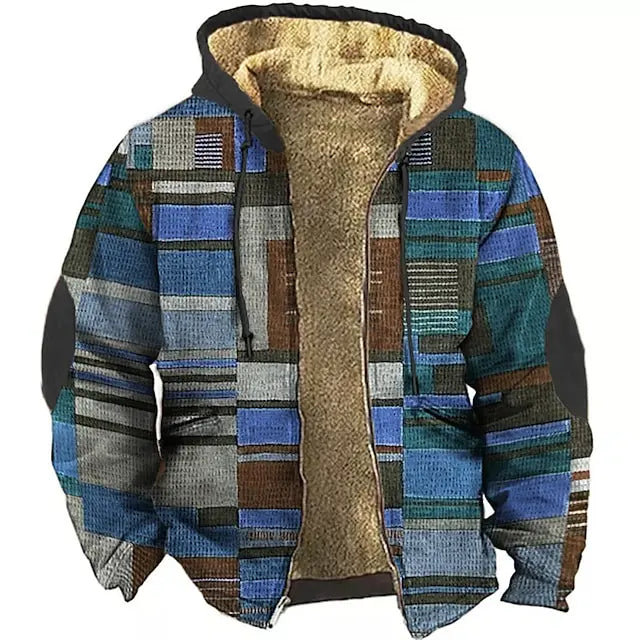 Men's Thickened Warm Jacket with Zipper and Pattern Print