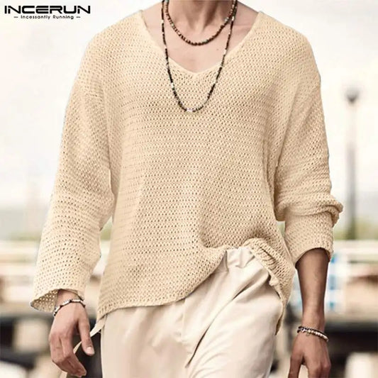 INCERUN Men's V-Neck Sweater with Mesh Design - Various Colors