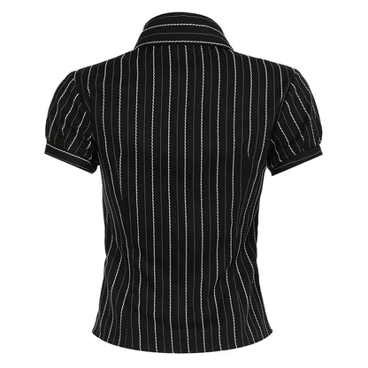 Chic Elegant Striped Button-Up Blouse for Women with Turn-Down Collar