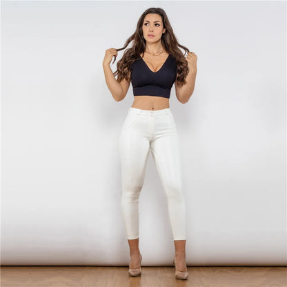 Faux Leather Push-Up Skinny Jeans for Women – Mid-Rise White Pants